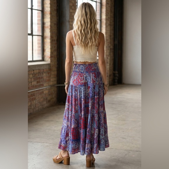 NWT Angie Clothing Boho Festival Americana Paisley Floral Smocked Maxi Skirt - Picture 6 of 8